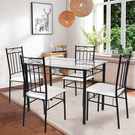 5 Piece Dining Set Glass Metal Table and 4 Chairs Kitchen ...