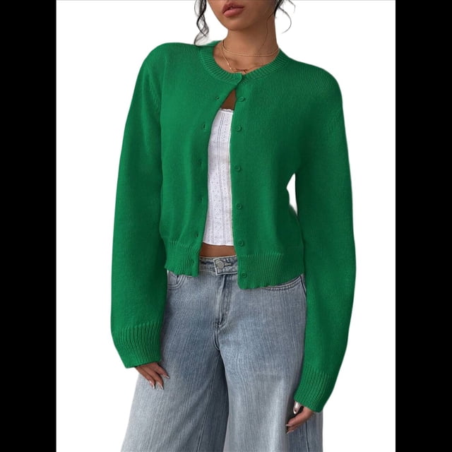 Suéter Tipo Cárdigan Corto de Larga con Botones y Cuello Redondo para Mujer, Ropa de Punto . Verde XL
