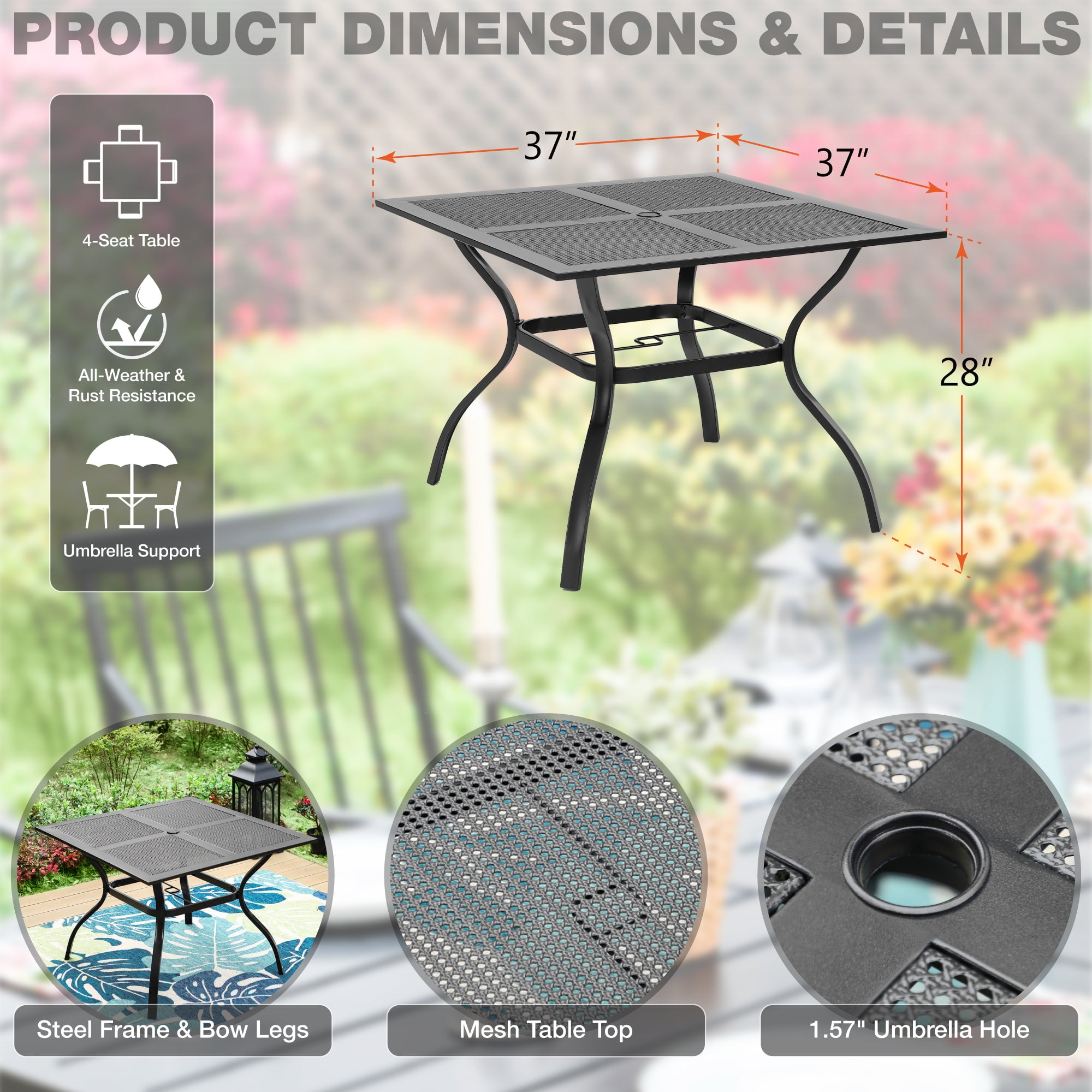 5-Piece Outdoor Patio Dining Set, All-Weather Metal Steel Furniture with Stacking Chairs & Square Table with Umbrella Hole, Black