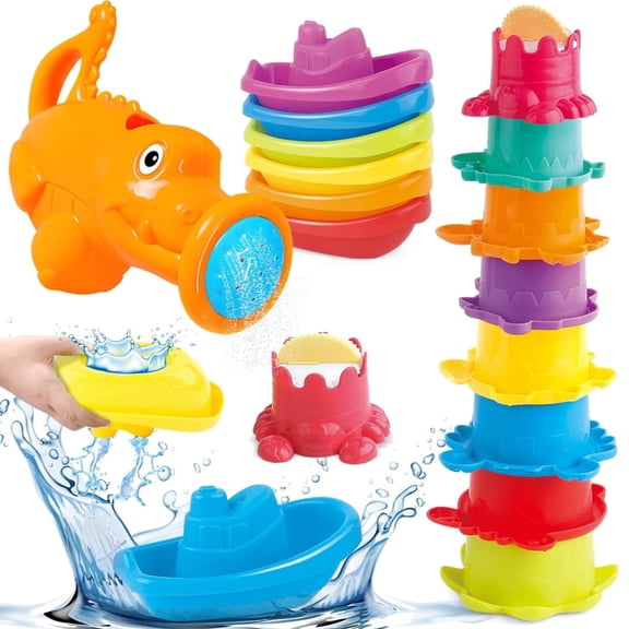  Norkbeng Baby Bath Toys for 6-12-18 Months Infant,15 PCS Toddler Beach Pool Toy Water Toy,with Floating Boats, Stacking Cup Shower,Birthday Gift for Boys Girls