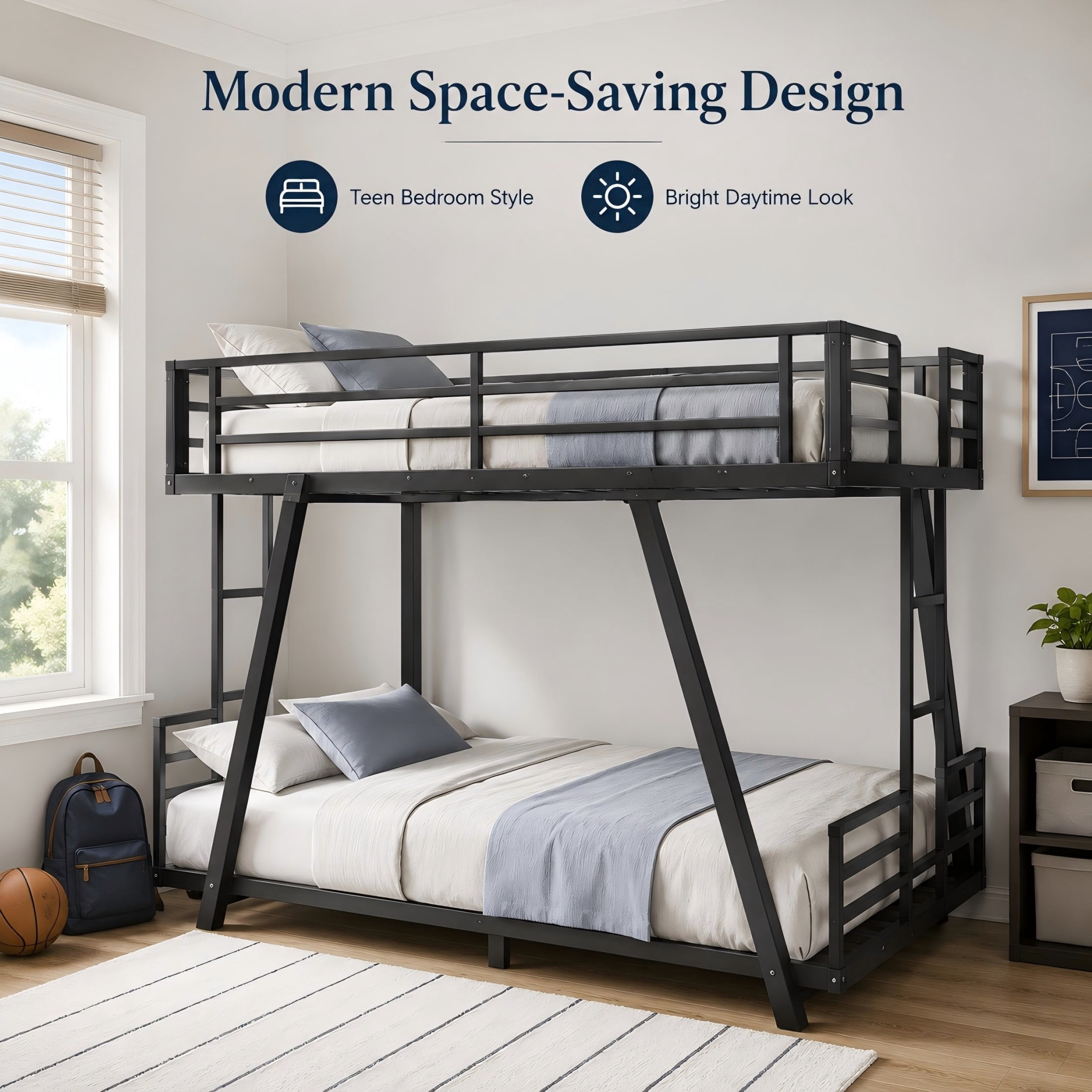 Aukfa Twin XL over Twin XL Metal Bunk Bed with Heavy Duty A-Frame Support Design, 2 Side Ladders, Low Profile, Black