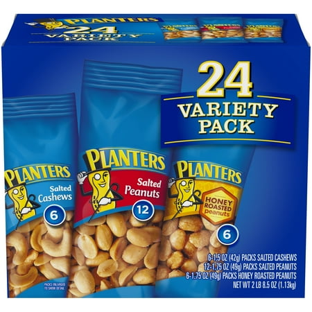 Planters Nut 24 Count-Variety Pack, Salted Peanuts, Honey Roasted Peanuts & Salted Cashews Ready-to-Go Sleeves, 40.5 oz Multi-Pack