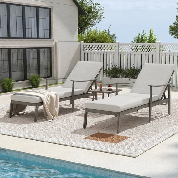 HAPPATIO Outdoor Chaise Lounge Chair Set of 3, Adjustable Aluminum Pool Lounge Chair with Cushion and Side Table, Curved Armrest, Outdoor Lounge Chair for Beach, Yard, or Poolside (Grey)