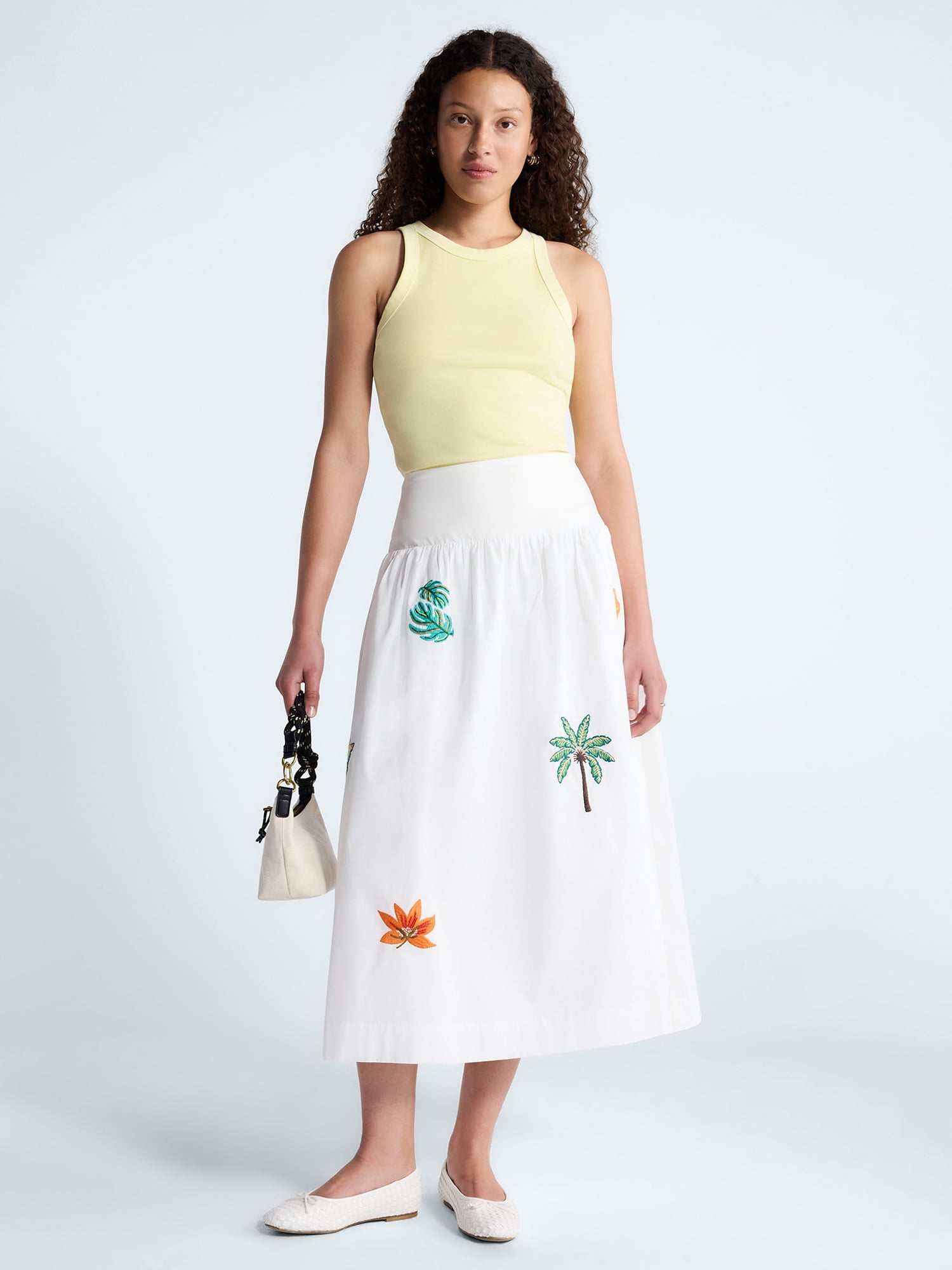 Free Assembly Women's and Women's Plus Embroidered Cotton Maxi Skirt with Drop Waist, Sizes XS-4X