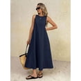 thumbnail image 7 of Navy Blue Solid Round Neck Sleeveless Loose A-Line Maxi Dress For Women, 7 of 7