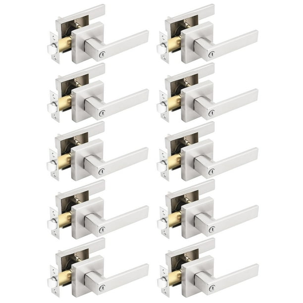 Gobrico - Juego de 10 cerraduras cuadradas de níquel satinado para puerta de privacidad, palancas de puerta interior para cama/baño, botón de giro interior utilizado en puertas para mano izquierda/der