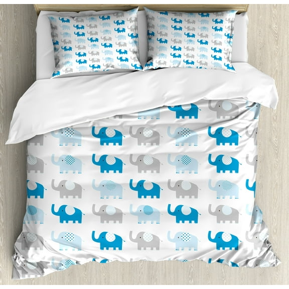 Animal Duvet Cover Set, Multitude Repeating Striped Designed Little Elephants Motifs, Decorative 3 Piece Bedding Set with 2 Pillow Shams, King Size, White Pale Taupe Sea Blue, by Ambesonne