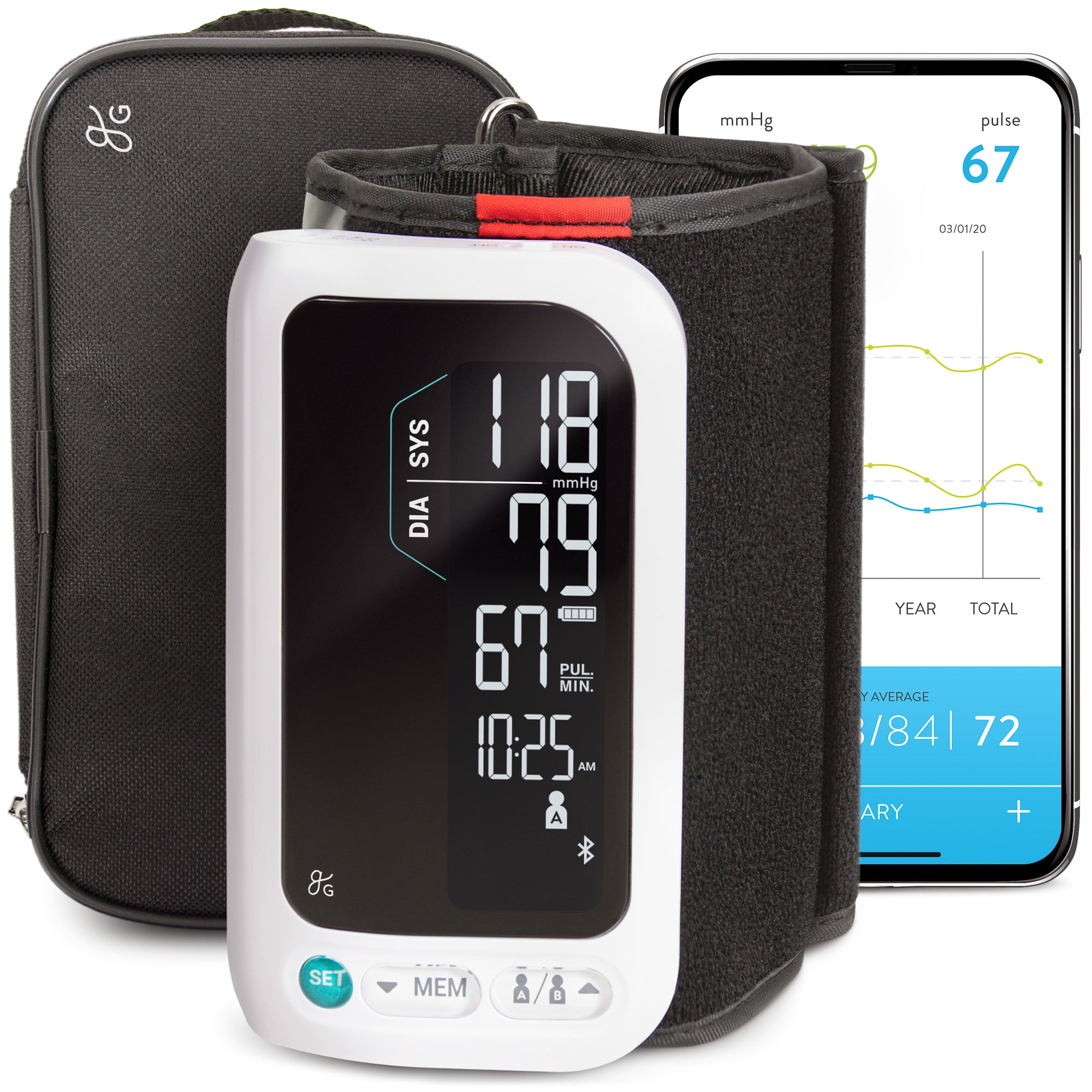 ciudat Izolator Ticălos  GreaterGoods All-in-One Smart Blood Pressure Monitor Pack, Upper Arm Cuff,  Cordless, Wireless, Rechargeable, Automatic and Bluetooth - Walmart.com