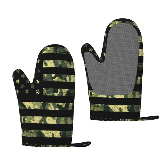 Cauagu American Flag Camo Print Oven Mitts 2 Piece Set,BBQ Gloves Grilling Gloves Kitchen Silicone Oven Gloves Heat Resistant Oven Mitts for Barbecue Cooking & Baking