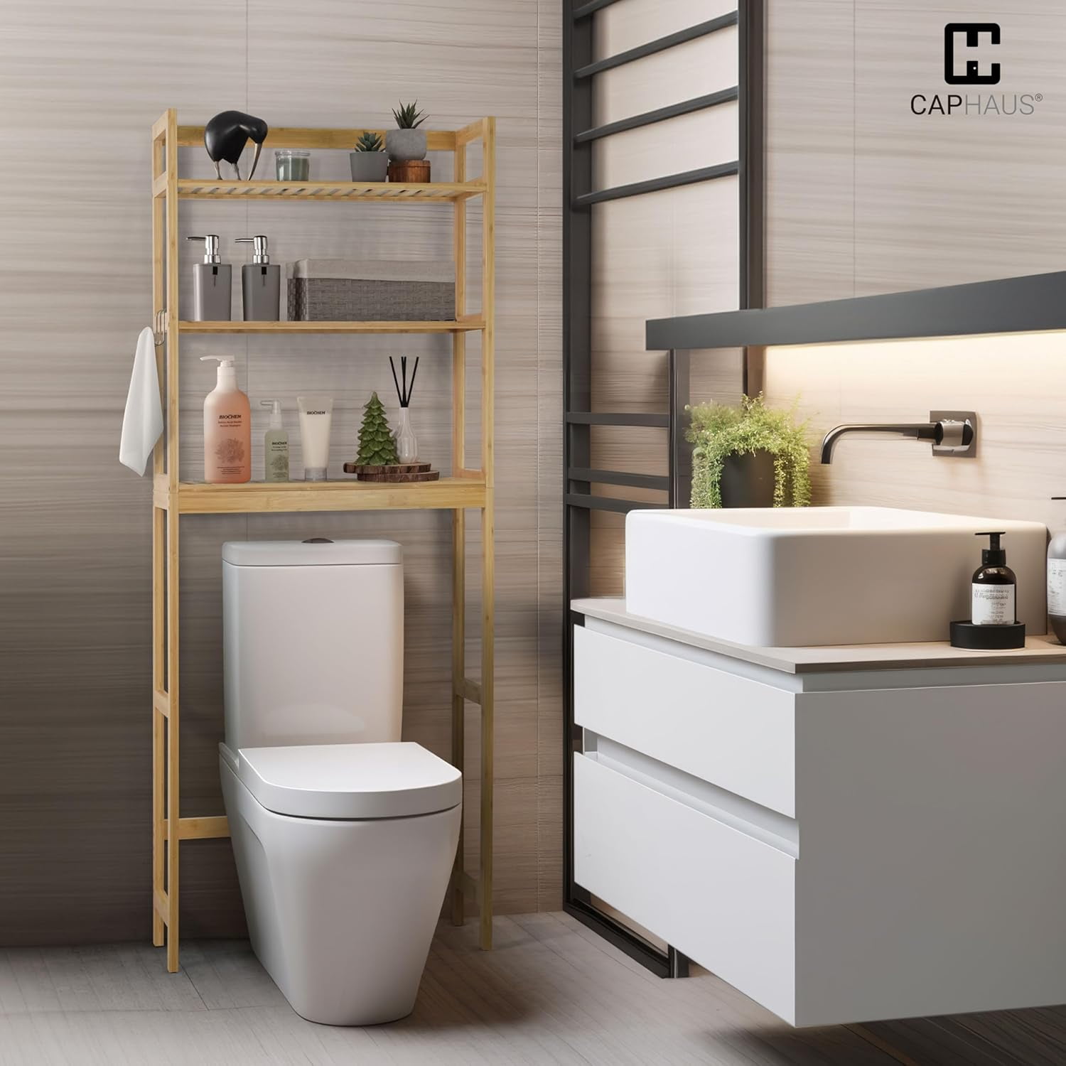 CAPHAUS Bamboo Over The Toilet Storage, Behind Toilet Bathroom Shelf Rack with Hooks & Adjustable Feet, 24-Inch Freestanding Toilet Shelf, Bathroom & Laundry Organizer, Balcony Plant Stand, Natural