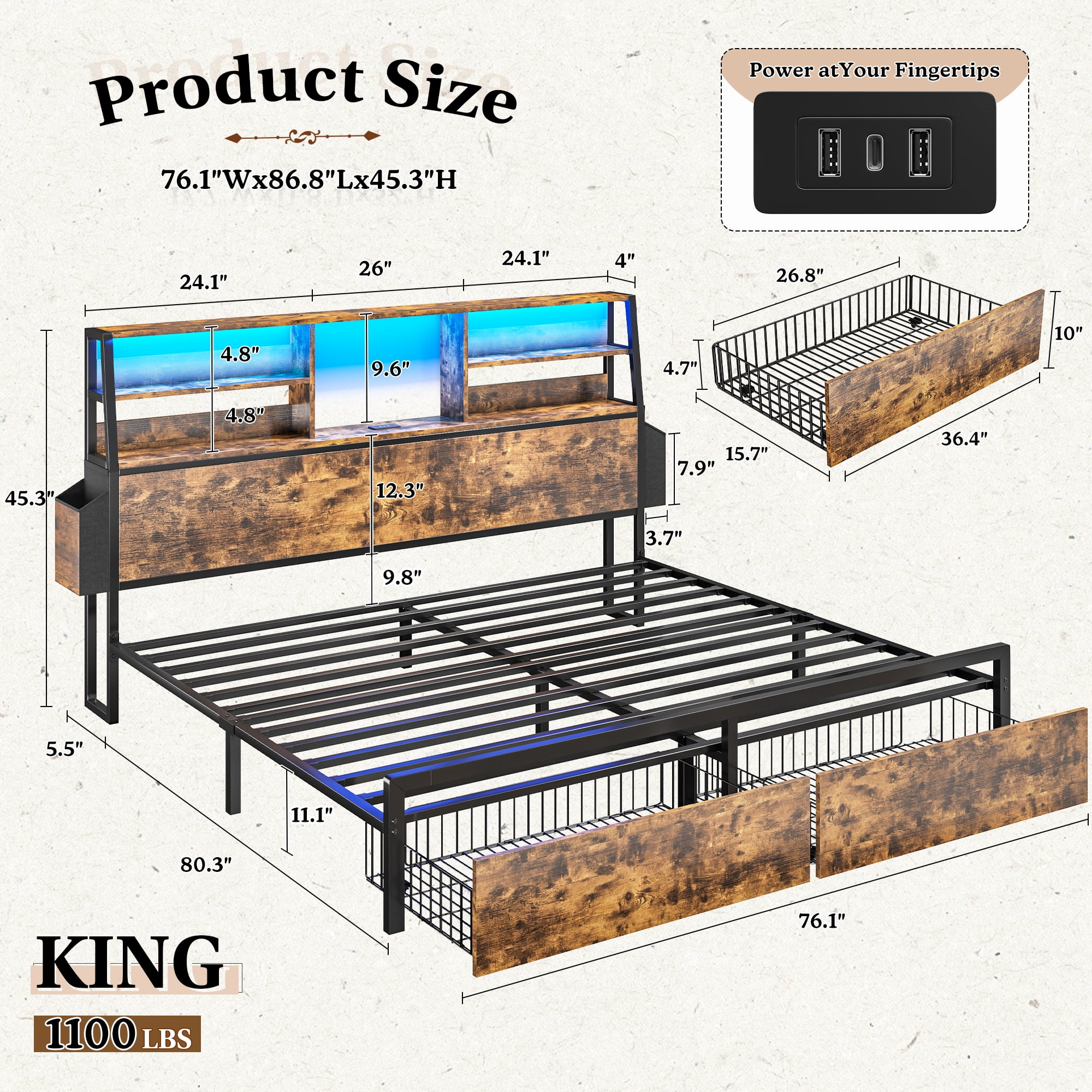 EnHomee Metal Bed Frame with 3-Tier Storage Headboard King Size Metal Bed Frame with 2 Underbed Drawers & 2 Bedside Fabric Drawers & LED Lights & Charge Station,Rustic Brown