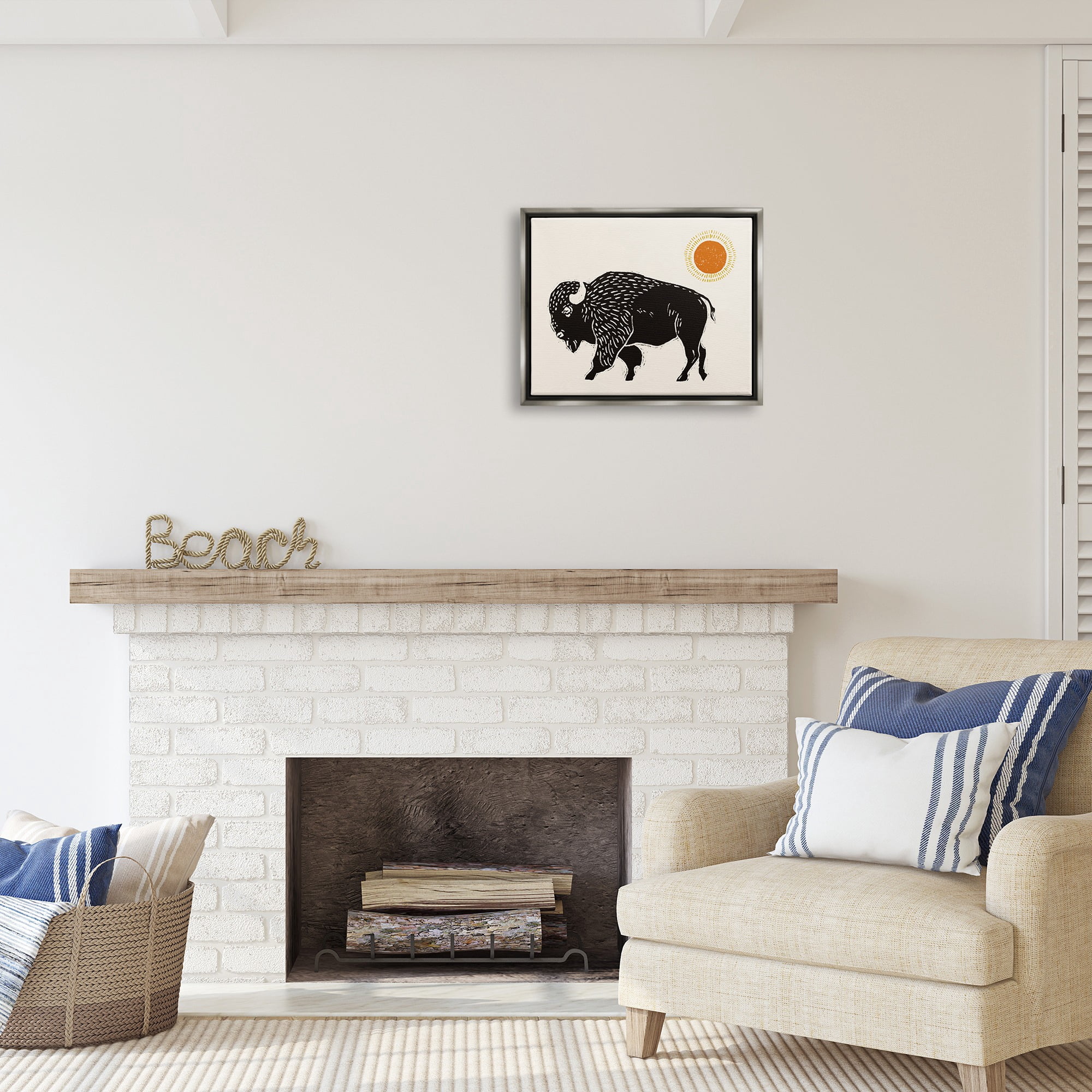Stupell Industries Boho Bison Facing Left Animals & Insects Painting Gray Floater Framed Canvas Art Print Wall Art, 21 x 17