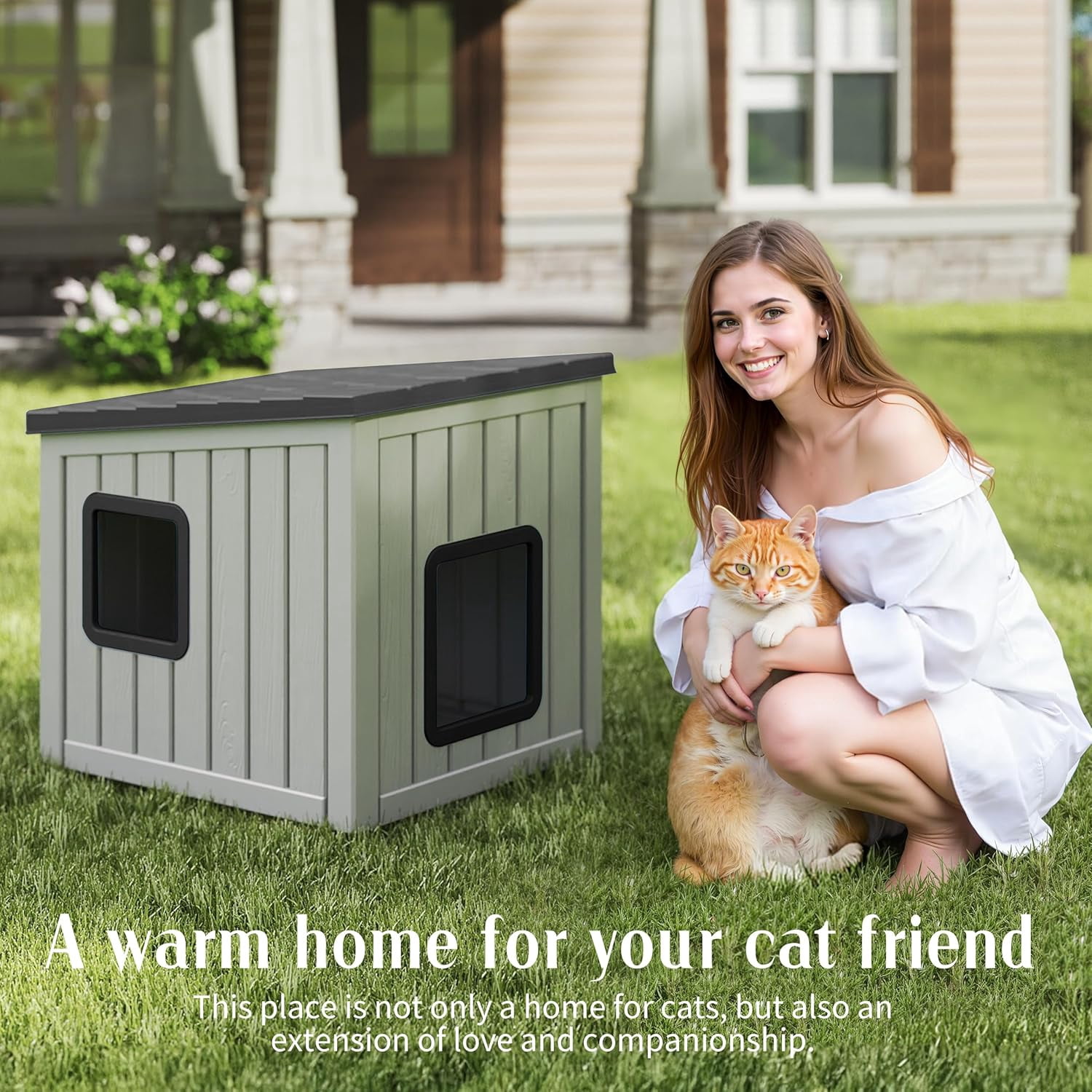 Cat House Outdoor Waterproof,Resin Cat Shelter Feral,Easy to Clean Durable Slanted Top,Cat Bed for Cats and Easy to Assemble (Black, 24.65 * 21.5 * 22.21in)