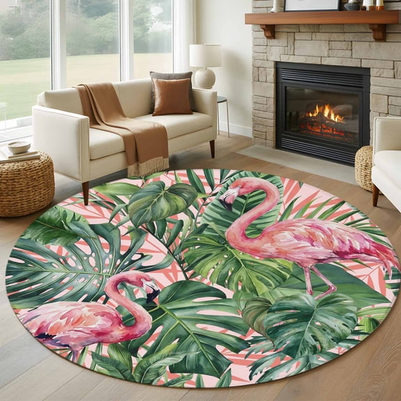 Pink Flamingo Round Area Rug 5Ft Washable Circle Rugs for Living Room Bedroom, Summer Tropical Watercolor Plants Green Leaves Non-Slip Carpet Floor Mats Indoor Outdoor Carpet Runner Home Decor