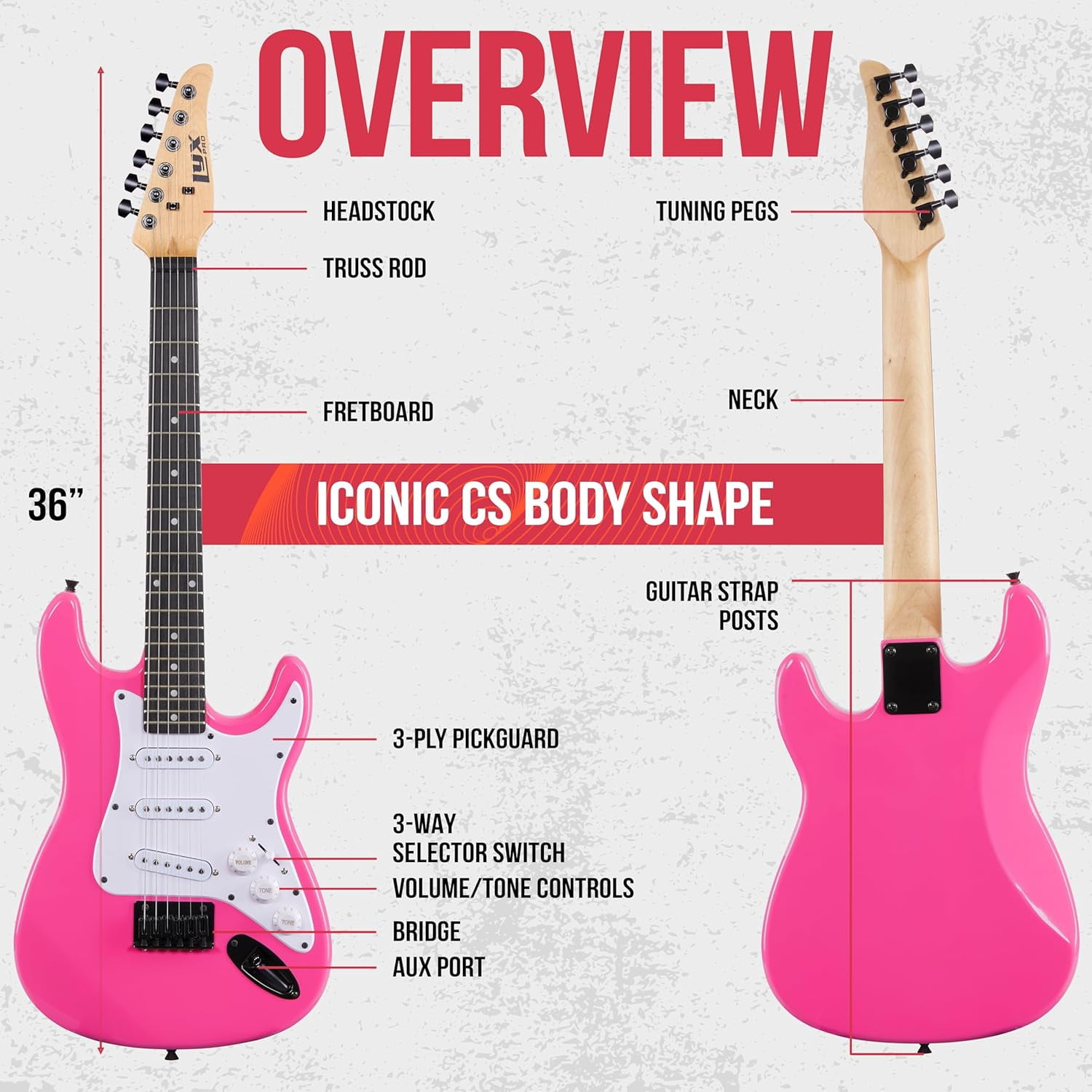 LyxPro 36-inch Electric Guitar with 20W Amp & Accessories for Beginners - Pink