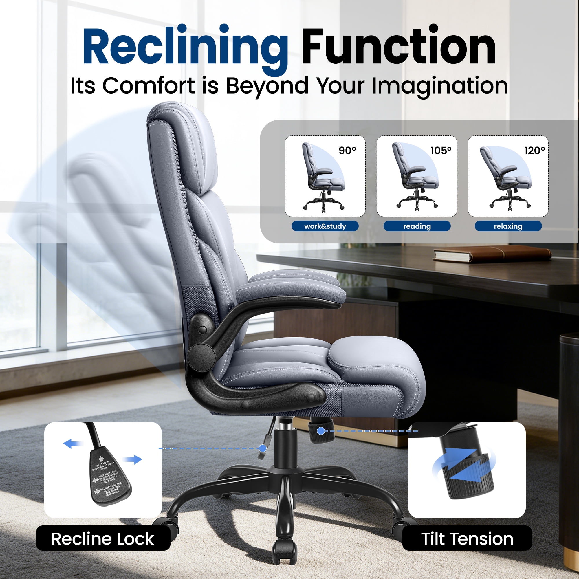 STACOO High Back Executive Office Chair 400lbs, Big and Tall Ergonomic Desk Chair with Lumbar Support & Flip-up Armrests, PU Leather Swivel Chair with Adjustable Height – Gray