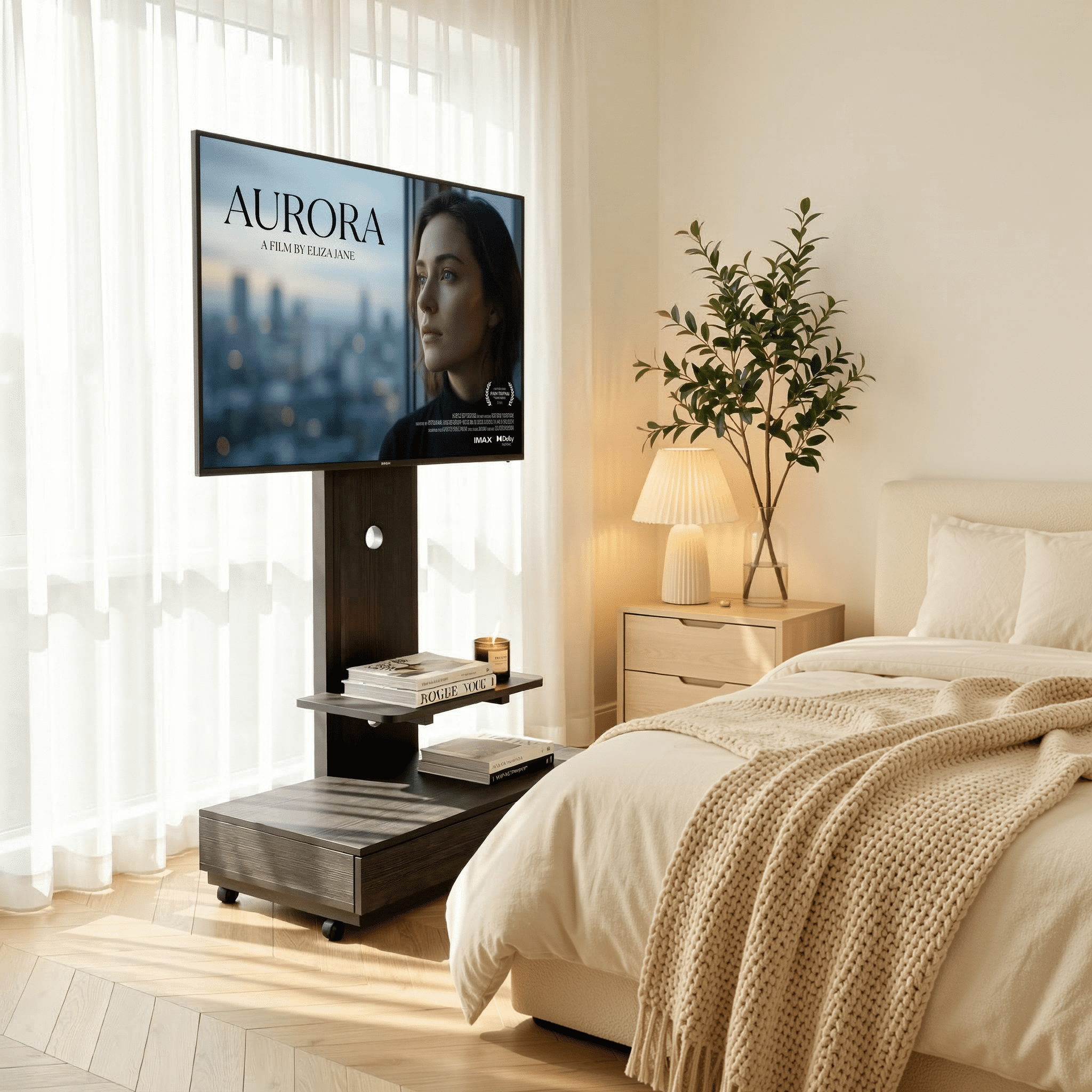 Homy Casa Mobile TV Stand for 32-75 Inch TVs with Wheels, Swivel Adjustable Height Storage Shelf and Drawer