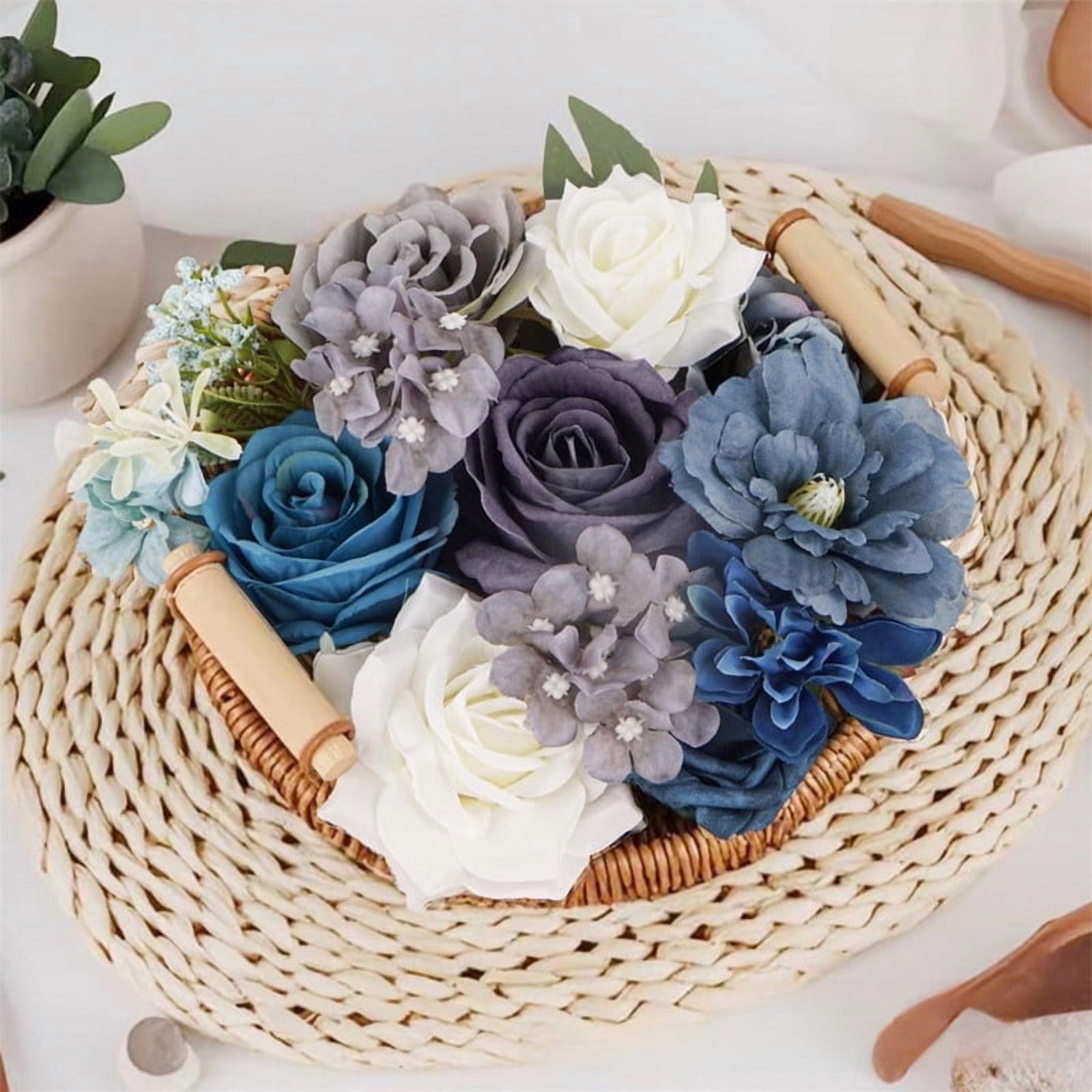 Dark Blue Artificial Flowers, Fake Rose Cream Flowers Combo Box Set Faux Flower Arrangements Table Centerpieces Wedding Bouquets Bridal Shower Party Home Decor Cake Decorations