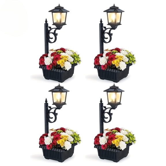 4 pack Solar Lamp Post Light - 2 in 1 Outdoor Flower Pot for Real Or Fake Flowers. Glass Lampshade, Glass Bulb 20LM, Wall Mount IP44 Decorative Outdoor Floor Lamps, Easy Assembly for Lawn, Patio