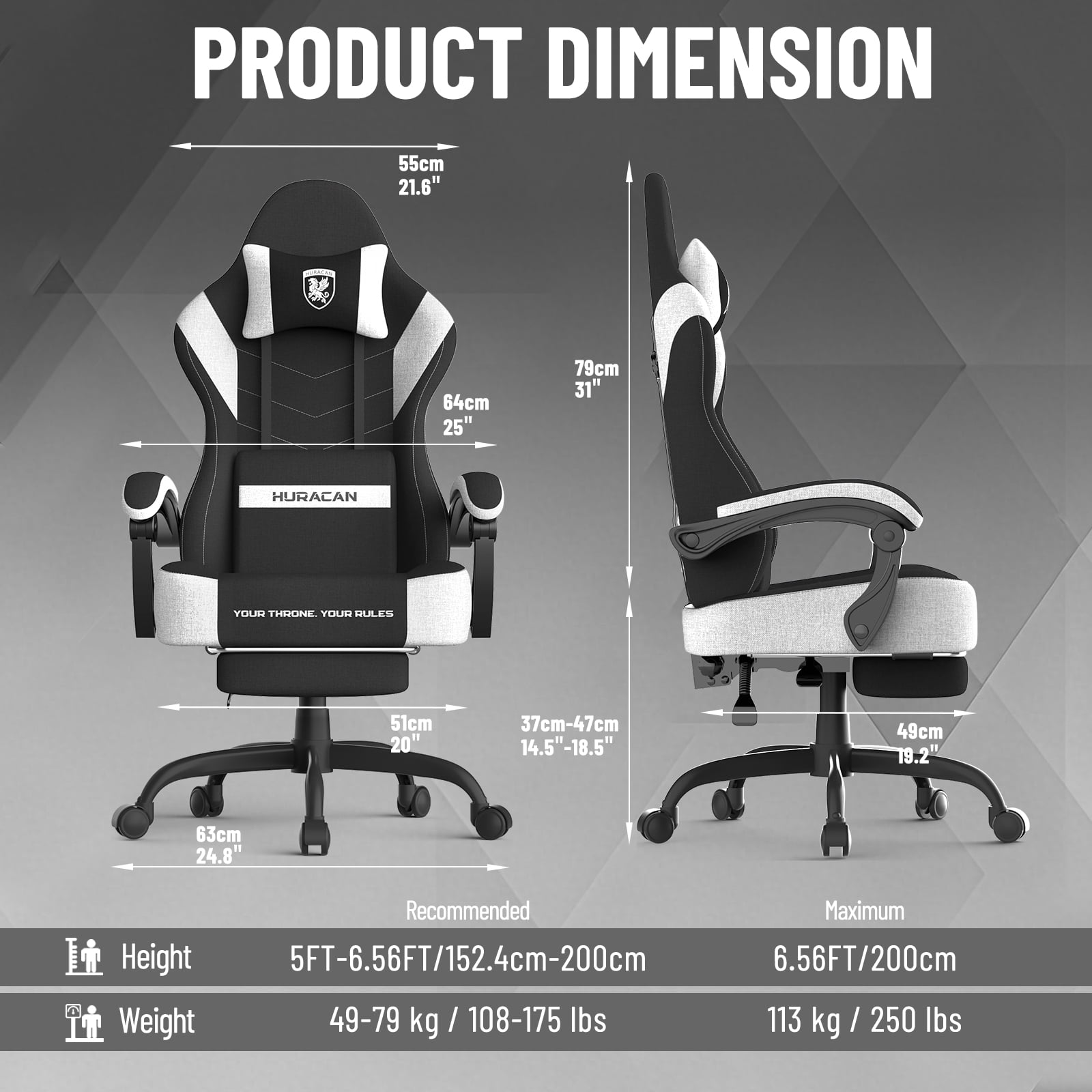 Luxvie Linen Fabric Gaming Chair with Footrest, High Back Ergonomic Computer Chair with Massage Lumbar Pillow, Gamer Chair with Adjustable Headrest, Comfortable Office Chair for Home & Gaming, Black