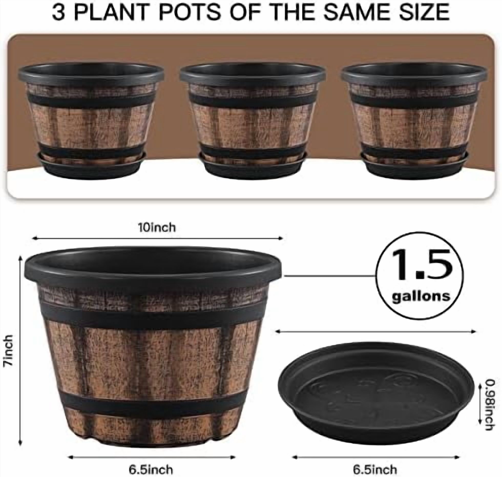 3 Pack 10 inch Plant Pots,Whiskey Barrel Planters with Drainage Holes & Saucer, Plastic Decoration Flower Pots Imitation Wine Barrel Design, for Indoor & Outdoor Garden Home Plants (Brown)