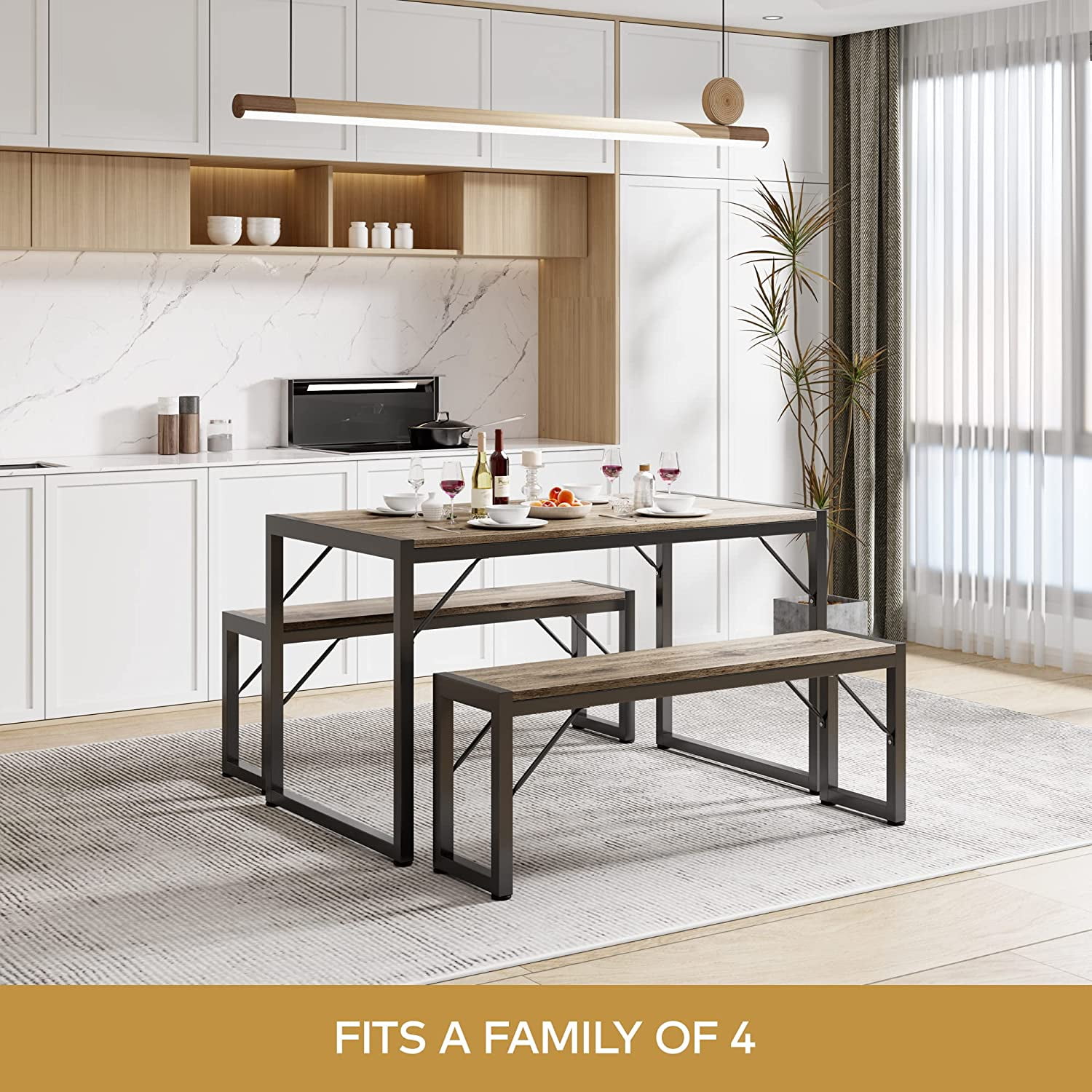 Lofka 3-Piece Breakfast Nook Dining Table Set for 4 with Two Benches for 4 for Kitchen Gray Board