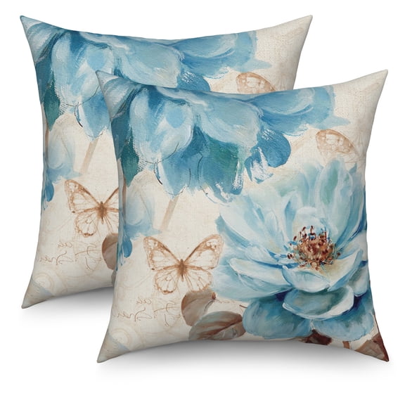Vintage Blue Floral Throw Pillow Covers 18x18 Set of 2,Butterfly Flowers Farmhouse Pillowcases for Sofa Couch Living Room