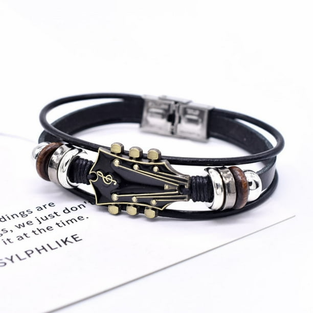 Pulsera de Cuero de Aleación para Guitarra | Pulsera Ajustable de Cuero Italiano de Plena Flor Curtido Vegetal | Diapasón de Acero Inoxidable | Regalo para Amantes de La Música | Accesorio para Rock