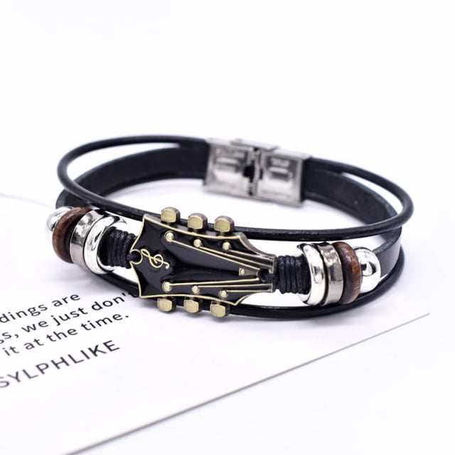Pulsera de Cuero de Aleación para Guitarra | Pulsera Ajustable de Cuero Italiano de Plena Flor Curtido Vegetal | Diapasón de Acero Inoxidable | Regalo para Amantes de La Música | Accesorio para Rock