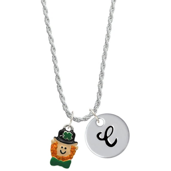 Delight Jewelry Silvertone Small Leprechaun with Bow Tie Silvertone Script Initial Disc - C - Charm Necklace, 20"+3"