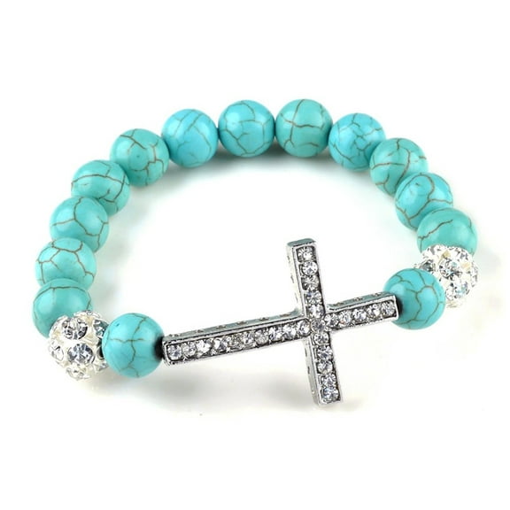 Unisex Created Turquoise Bead Bracelet, Holy Cross Pendant, Adjustable Bracelet, Healing Crystal Jewelry, Prayer, Meditation, Styling, Blue, 7 Inches