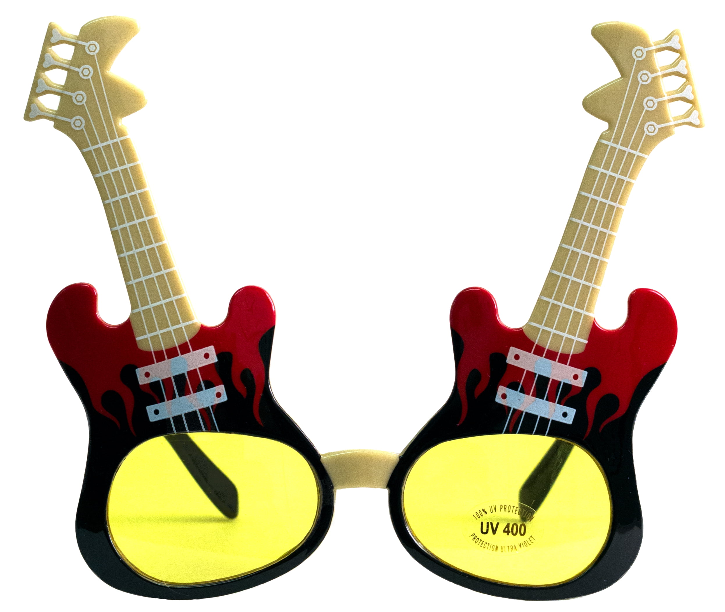 Rock Star Electric Guitar w Flames Sunglasses, Red Frame, Yellow Lens