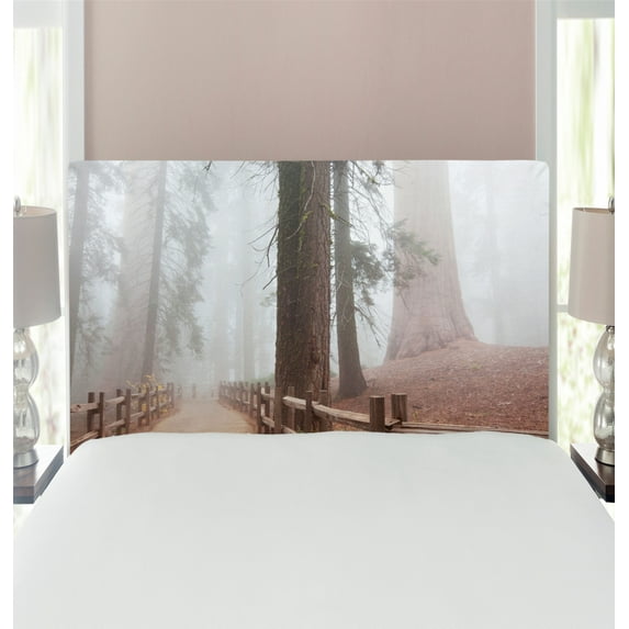 Yosemite Headboard, Evergreen Forest and Walkway in Sequoia National Park Foggy Morning Nature Art, Upholstered Decorative Metal Bed Headboard with Memory Foam, Twin Size, Grey Brown, by Ambesonne