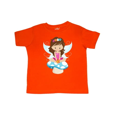 

Inktastic Cute Fairy Brown Hair Fairy Sitting On Mushroom Gift Toddler Toddler Girl T-Shirt