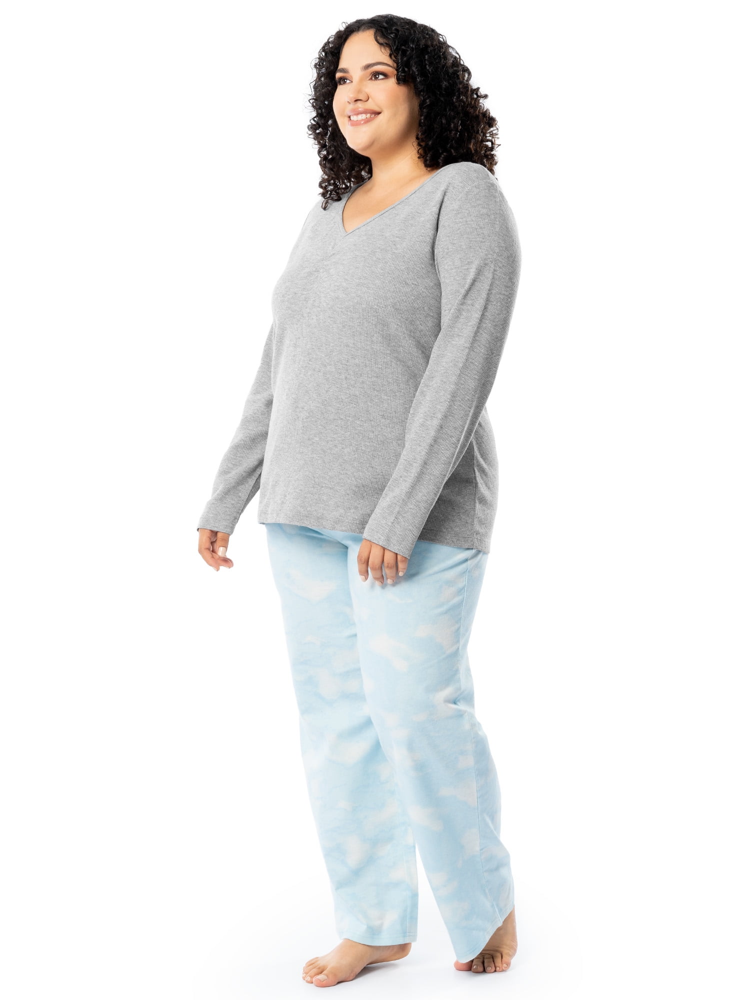 Fruit of the Loom Women's Beyond Soft Long Sleeve Waffle Top and Flannel Bottom Pajama Set, Sizes S-4X
