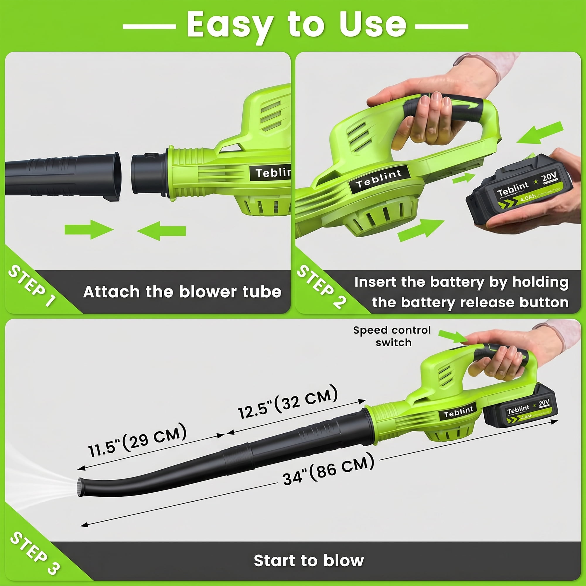 Teblint Cordless Leaf Blower, 150MPH 350 CFM 20V Electric Leaf Blower with 4.0Ah Battery & Charger, Battery Powered Leaf Blower for Snow Blowing, Lawn Care, Patio, Garden Cleaning(Green)