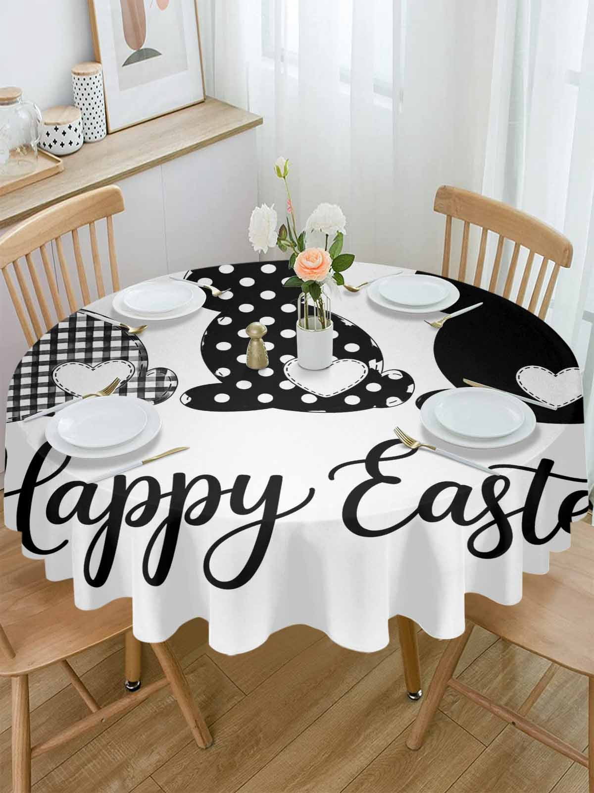 Round Tablecloth Happy Easter Waterproof Oil Proof Polyester Table Cloth Cover Decor for Home Dining Outdoor,Patio,Parties, 54" Dia. Easter Bunny Tails Black White
