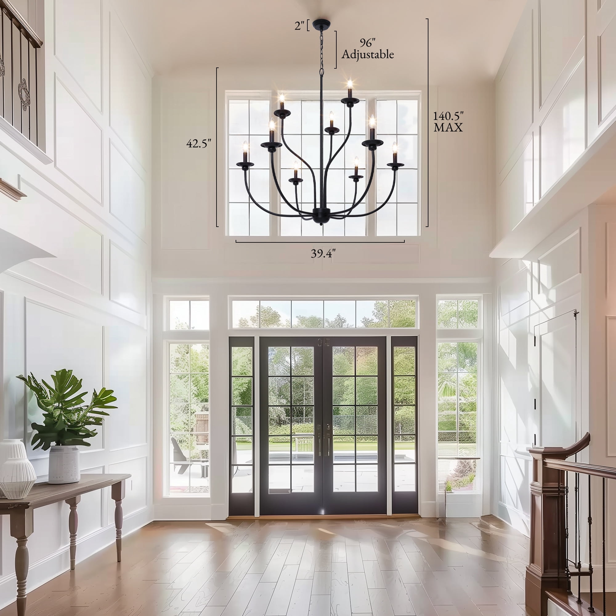 LNC French Country Black Chandelier, 39.4” Wide 9-Light Candle-Style Fixture