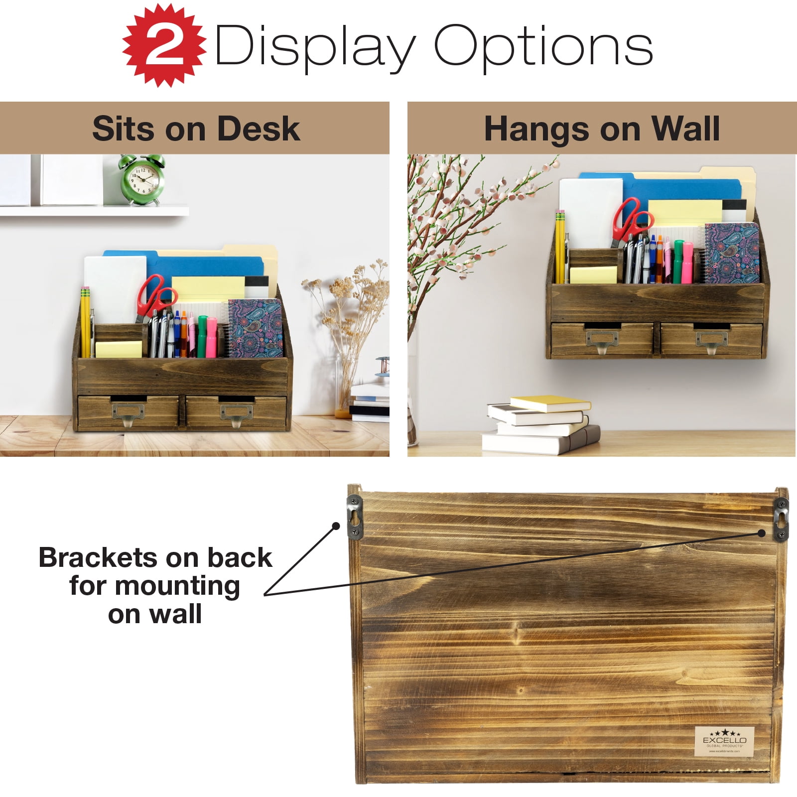 Excello Global Products Rustic Wood Office Desk Organizer - Dark Brown - EGP-HD-0135