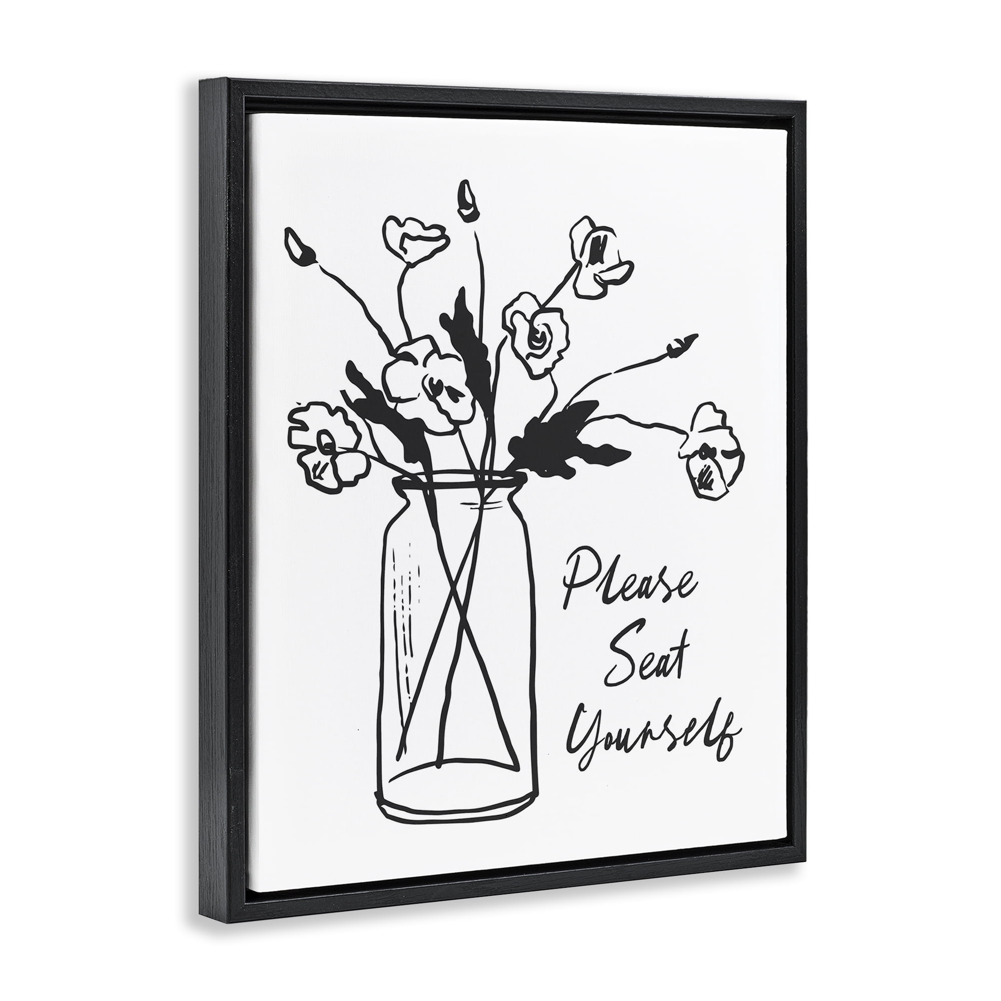 Stupell Industries Seat Yourself Bathroom Flowers Black Framed Floater Canvas Wall Art, design by Lettered and Lined