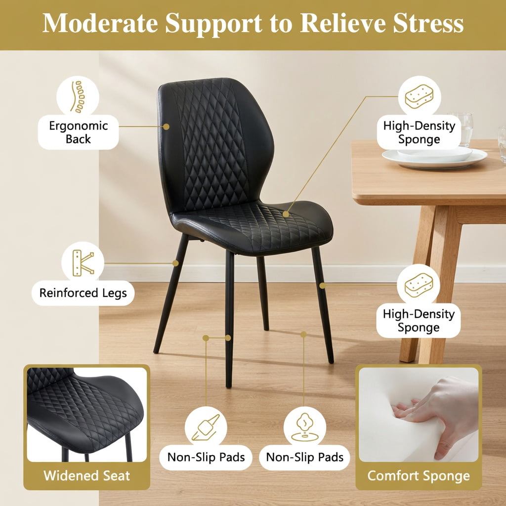 Hommoo Set of 4 Modern Diamond-Quilted PU Dining Chairs with Sleek Black Metal Legs, Ergonomic Upholstered Chairs for Dining Room, Cafe & Small Spaces, Black