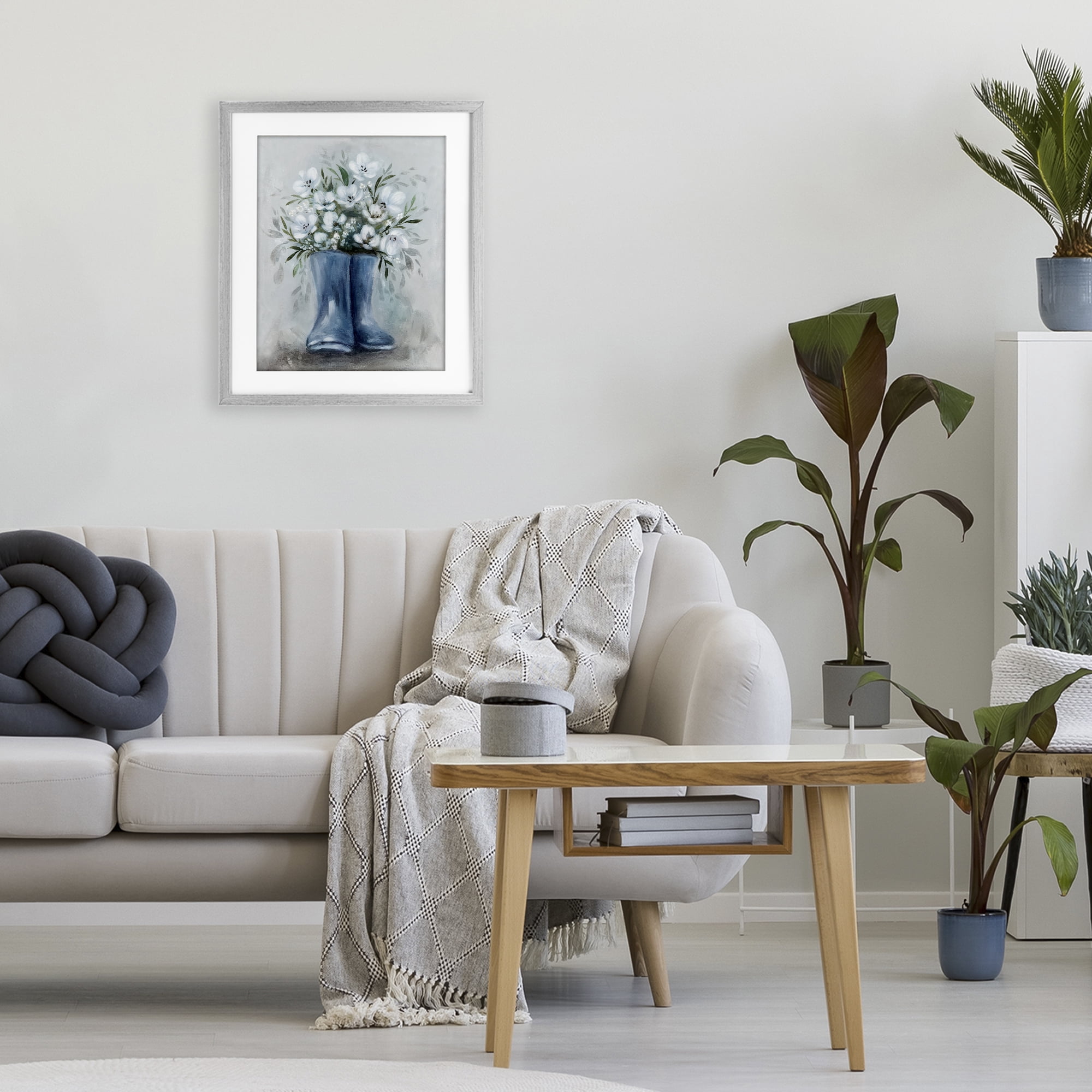 Stupell Industries Botanical Bouquet in Blue Boots Gray Framed Print Under Glass, design by Kristen Brockmon