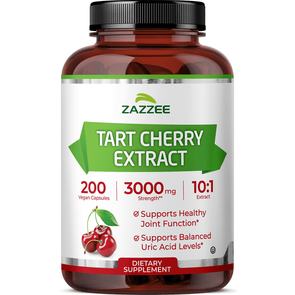 Zazzee Tart Cherry 10:1 Extract 3000 mg Strength – 200 Vegan Capsules – Certified Kosher – Concentrated & Standardized 10X Extract – Antioxidant, Joint & Inflammation Support – All-Natural • Non-GMO