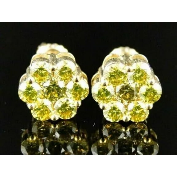 2.00CT Lab Created Canary Diamond Cluster Stud Earrings 14K Yellow Gold Plated