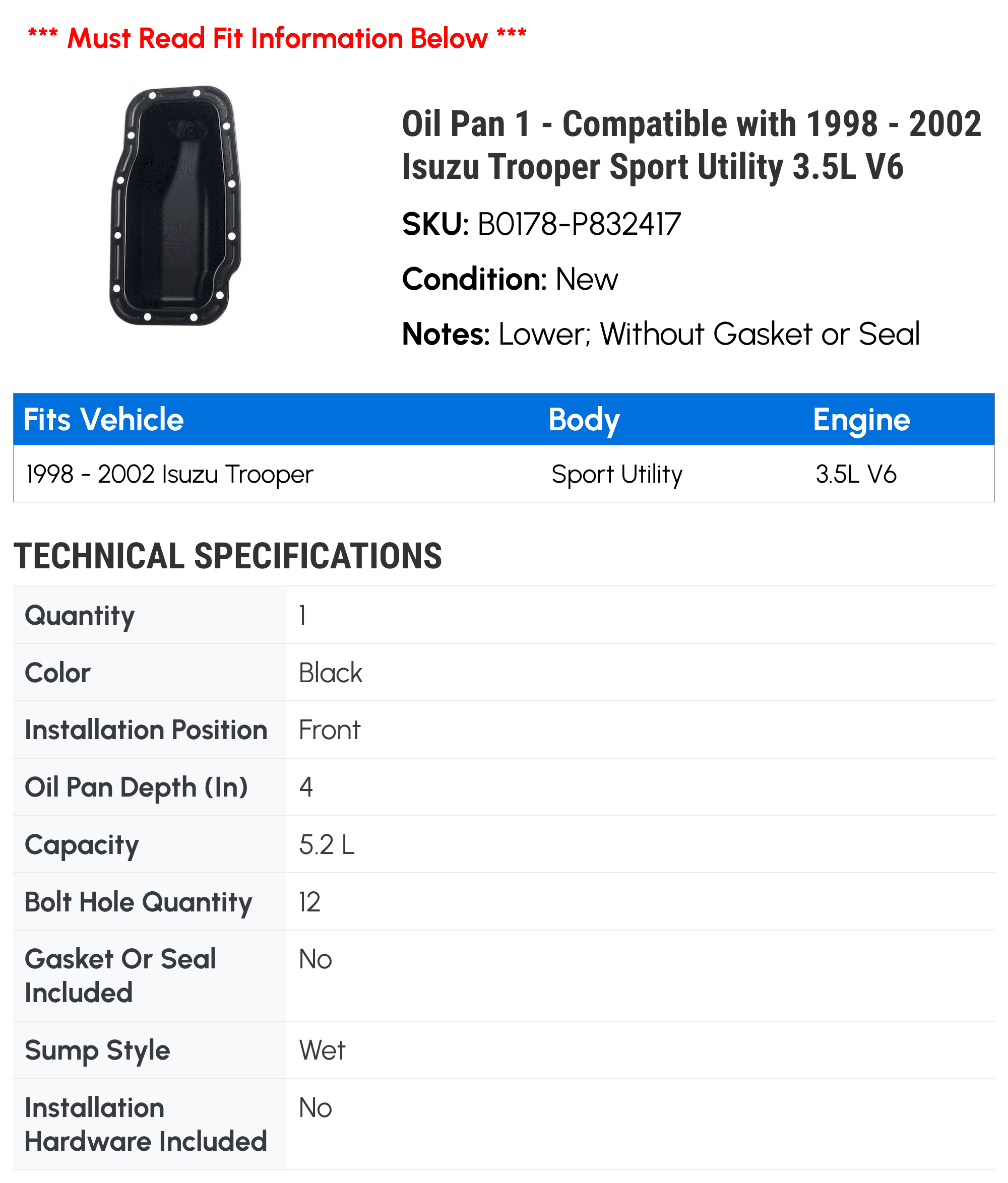 Oil Pan 1 - Compatible with 1998 - 2002 Isuzu Trooper Sport Utility 3.5L V6 - Autopart Premium