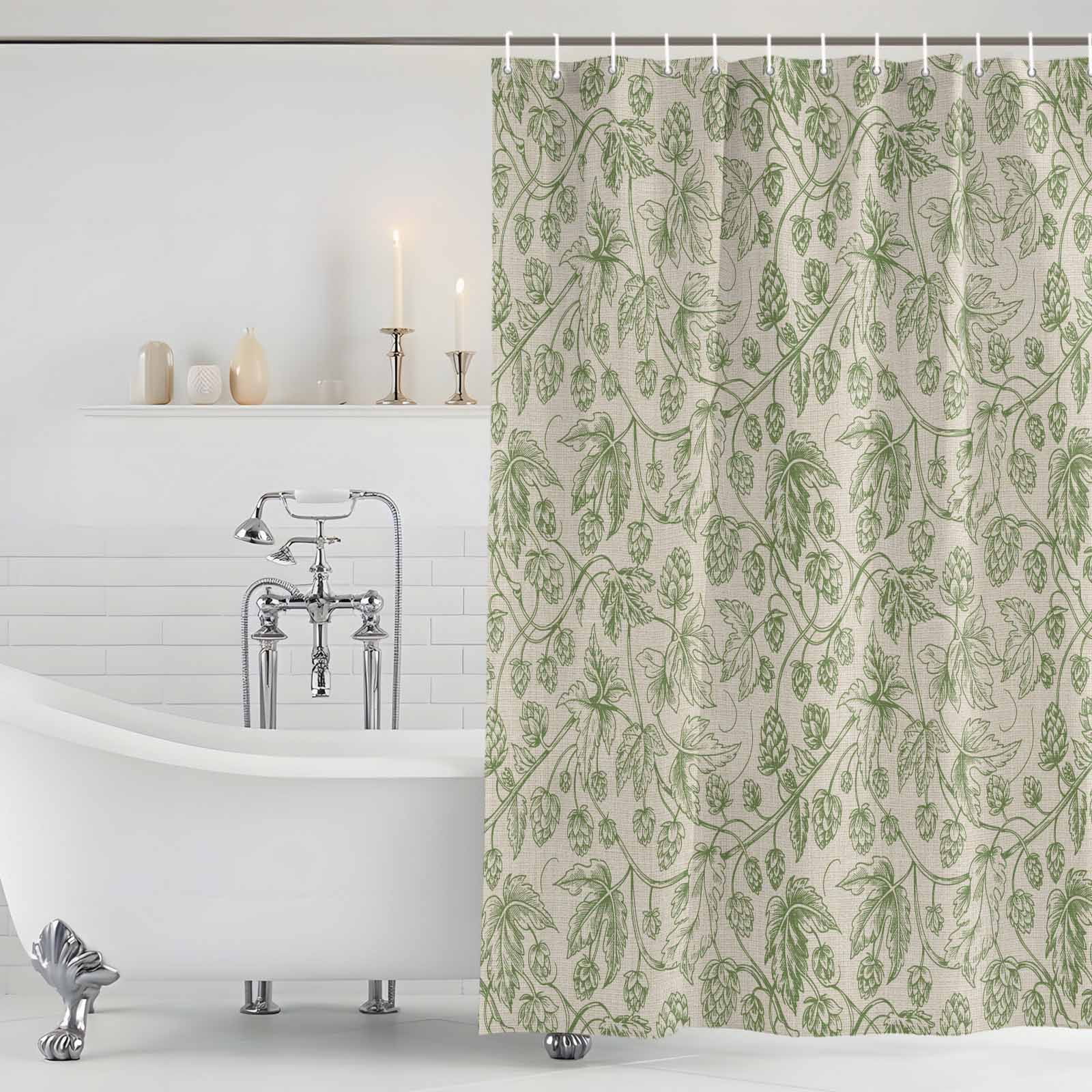 Shower Curtain Bathroom Set Vintage Sage Green Botanical Waterproof Fabric Shower Curtains with Grommets&Hooks, Ombre Leaves Retro Linen Privacy Bath Curtain for Bathtub 72x72in