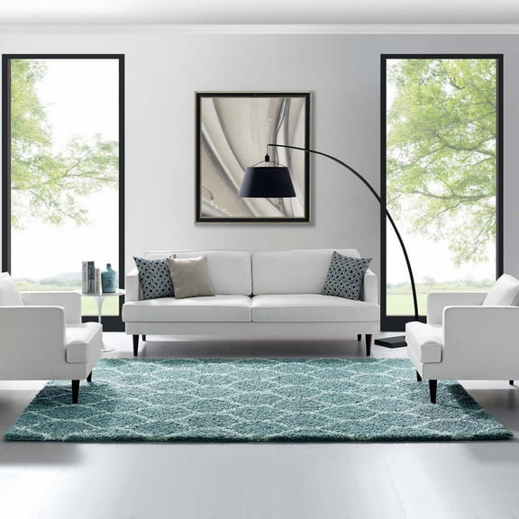 Modway Solvea Moroccan Trellis 8x10 Shag Area Rug in Aqua Blue and Ivory