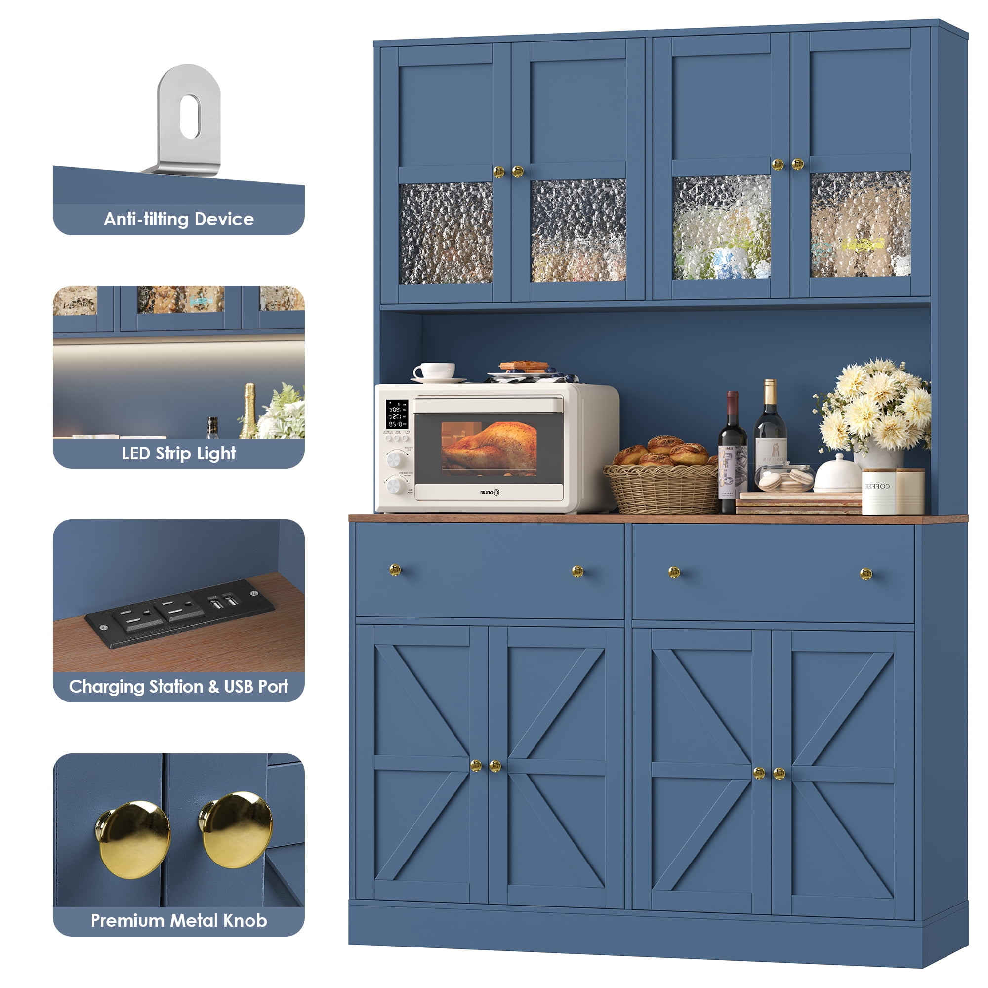 Homfa 8 Door Kitchen Pantry Cabinet with 2 Drawer, 71" LED Buffet Cabinet with & Charging Station & USB Port, Blue