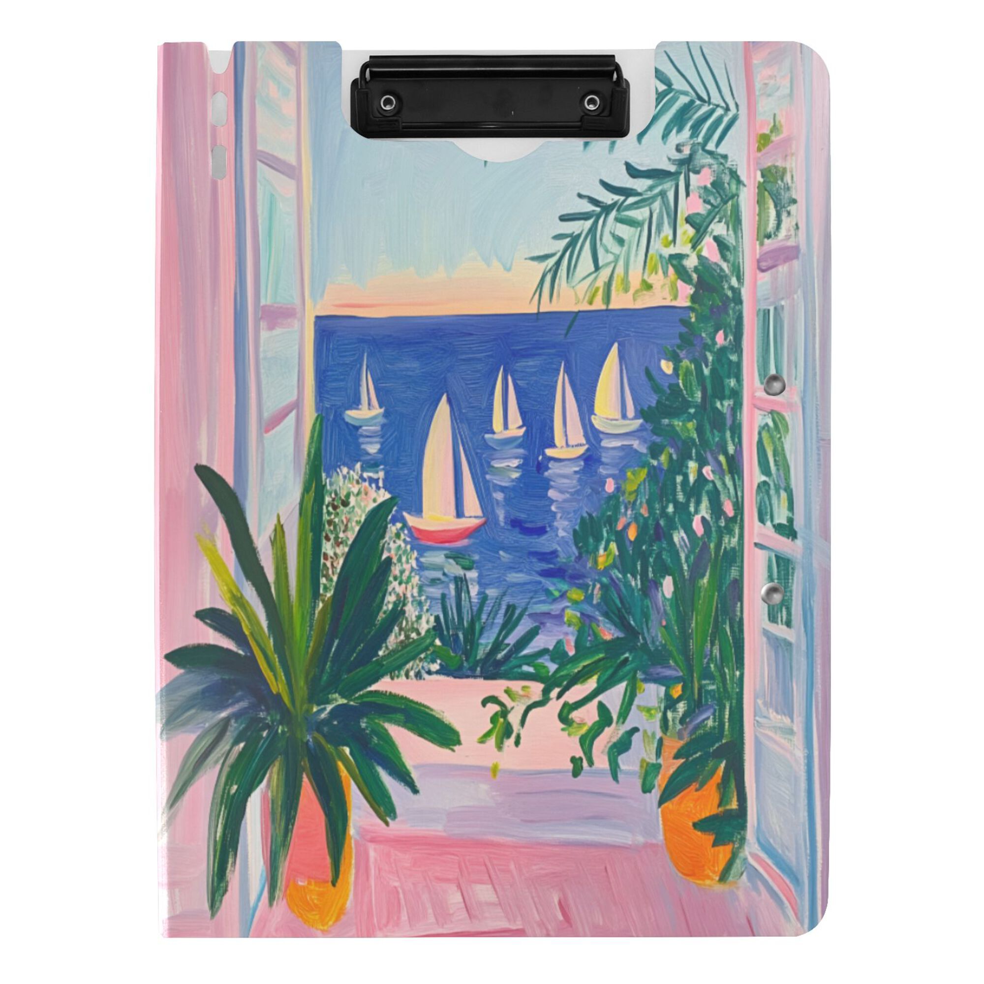 FORMRS A4 Clipboard Folder with Pen Holder Horizontal Foldable School Office Binder, Boat Seaside