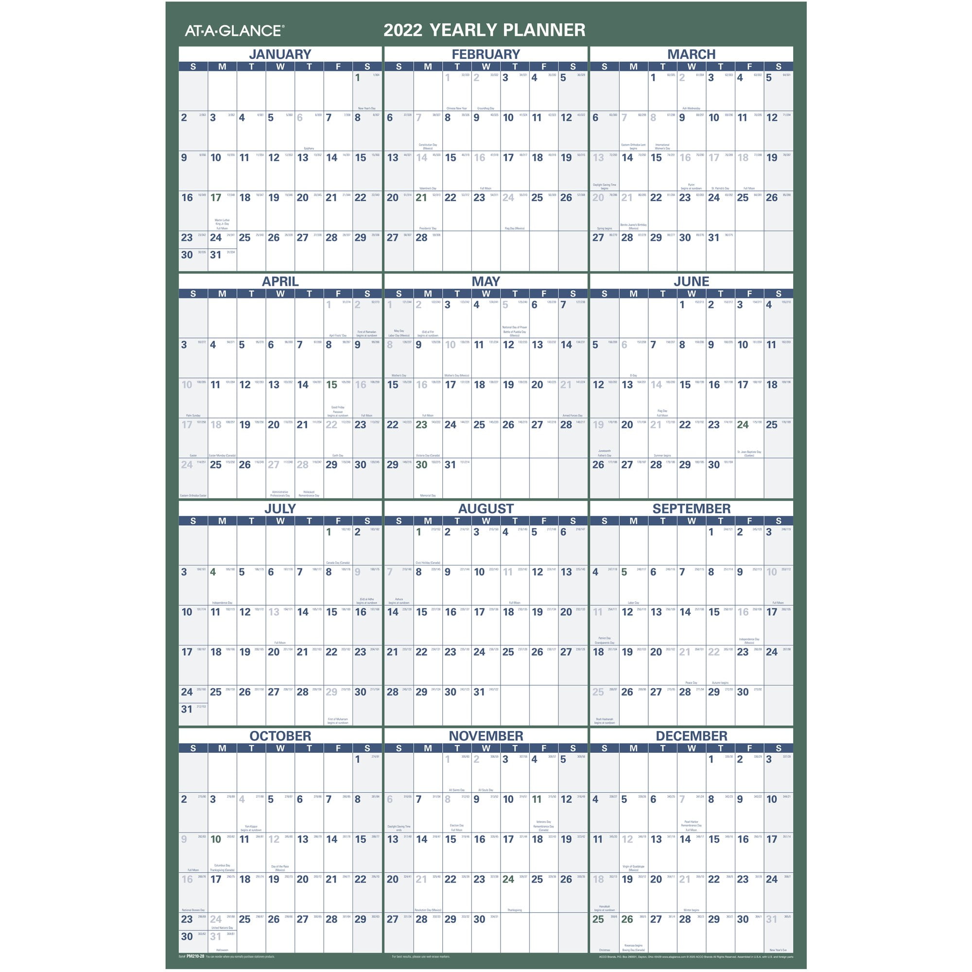 AT-A-GLANCE Vertical Erasable Wall Calendar, Reversible for Notes and Planning Space, 24' x 36', January 2022 to December 2022 - PM2102822